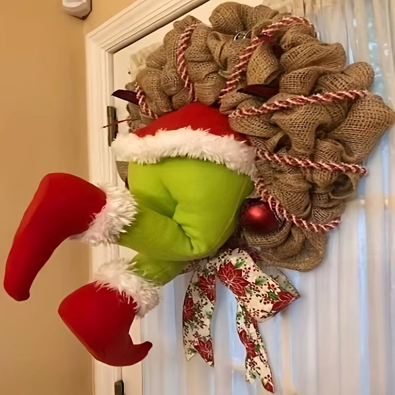 17.72Inch Christmas Thief Wreath,Christmas Elf Leg Wreath, Christmas Burlap Wreath, Holiday Decoration