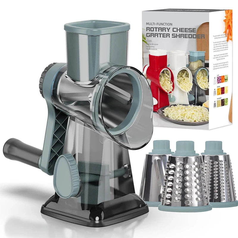 3 in 1 Rotary Cheese Grater Versatile Manual Vegetable Slicer Peanut Nuts Grinder Cheese Vegetable Shredder Clear JT242