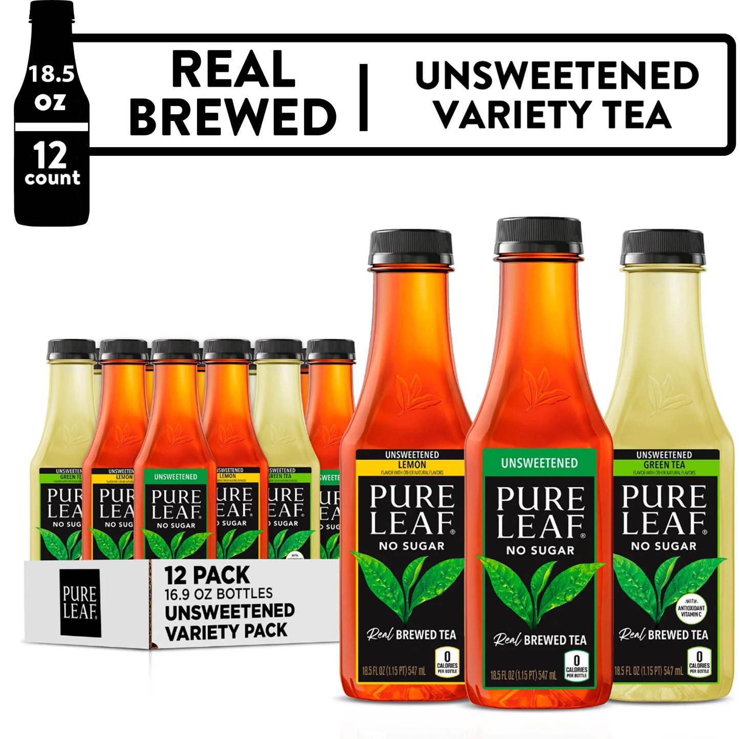 Unsweetened Real Brewed Iced Tea Variety Pack, Bottled Tea Drink, 18.5 Oz, 12 Bottles