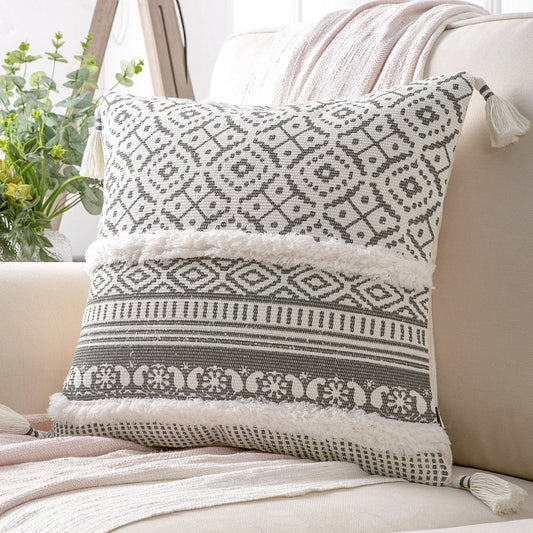 Printed Boho Woven Tufted with Tassel Series Decorative Throw Pillow, 18" X 18", Gray, 1 Pack